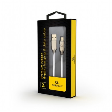 Cablu de incarcare si date premium din cauciuc cu 8 pini Cablexpert CC-USB2R-AMLM-2M-W,  2 m, white