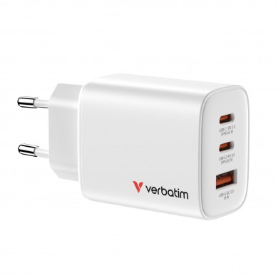 Incarcator USB VERBATIM Essentials GaN Charger 65W / 2x USB-C, 1x USB-A / White