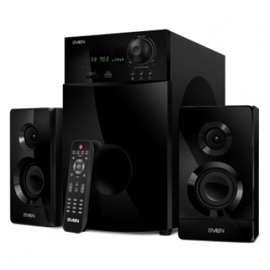 SVEN MS-2100 Black,  2.1 / 50W + 2x15W RMS, FM-tuner, USB & SD card Input, Digital LED display, built-in clock, set the switch-off time, remote control, all wooden, (sub.6.95" + satl.(3.15"+1.5"))