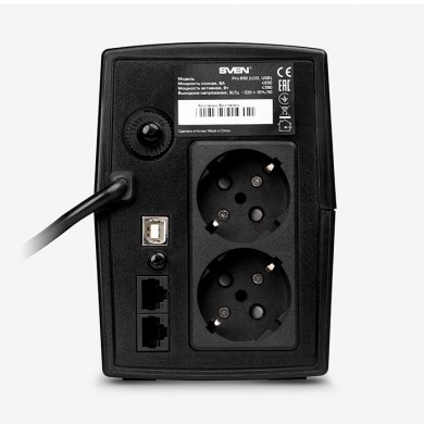 SVEN Pro 650 (LCD,USB), Line-interactive UPS with AVR, 650VA /390W, Multifunction LCD display, 2x Schuko outlets, 1x7AH, AVR: 170-280V, USB, RJ-11, Cold start function, Black