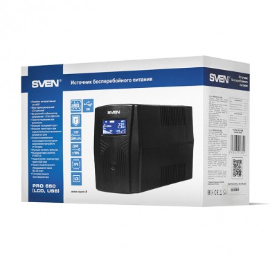 SVEN Pro 650 (LCD,USB), Line-interactive UPS with AVR, 650VA /390W, Multifunction LCD display, 2x Schuko outlets, 1x7AH, AVR: 170-280V, USB, RJ-11, Cold start function, Black