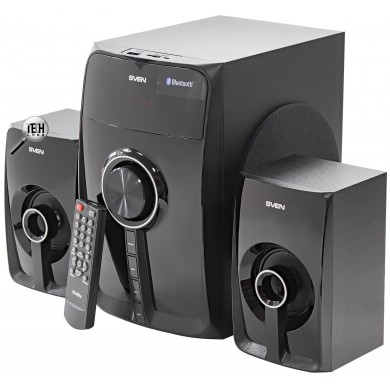 SVEN MS-307 Black,  2.1 / 20W + 2x10W RMS,  Bluetooth v. 2.1 +EDR, Digital LED display, FM-tuner,  USB flash, SD card, remote control, Headphone input, glossy black front panels, wooden.
