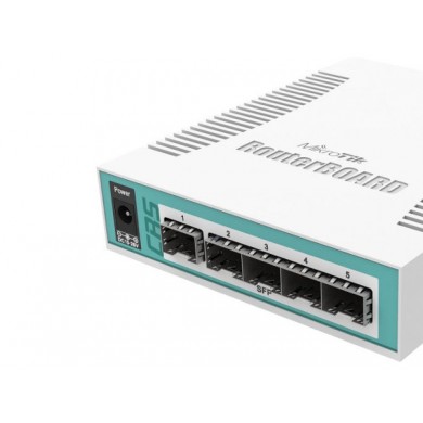 MikroTik Cloud Router Switch 106-1C-5S with QCA8511 400MHz CPU, 128MB RAM, 1x Combo port Gigabit Ethernet or SFP), 5 x SFP cages, RouterOS L5, desktop case, PSU