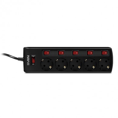 Surge Protector SVEN SF-05PL, 5 Sockets, 1.8m, individual switches, Black