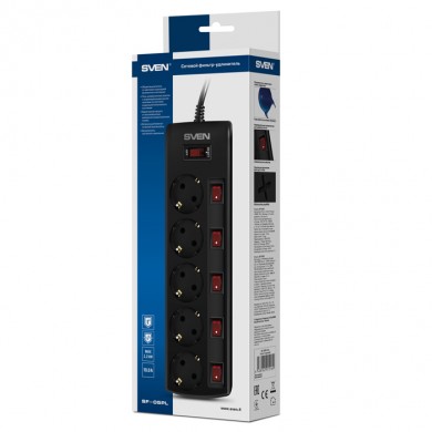 Surge Protector SVEN SF-05PL, 5 Sockets, 1.8m, individual switches, Black