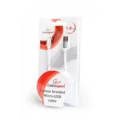 Cable microUSB2.0 Cotton braided - 1.8m - Cablexpert CCB-mUSB2B-AMBM-6-S, Silver, Professional series, USB 2.0 A-plug to Micro B-plug, blister