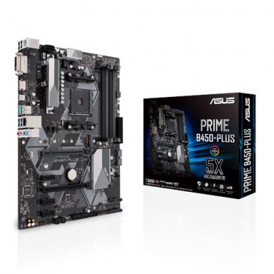 ASUS PRIME B450-PLUS, Socket AM4, AMD B450, Dual 4xDDR4-4400, APU AMD graphics, DVI, HDMI, 2xPCIe X16, 6xSATA3, RAID, 1xM.2, 3xPCIe x1, ALC887 HDA, GbE LAN, 2xUSB3.2 Gen 2,  1xUSB-C 3.2, 4xUSB3.2, Aura Sync RGB, 5X Protection III, ATX