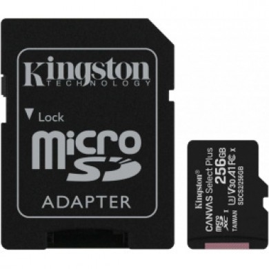 256GB microSD Class10 A1 UHS-I + SD adapter  Kingston Canvas Select Plus, 600x, Up to: 100MB/s