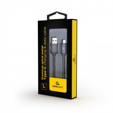 Cable USB2.0/Type-C - 1m - Cablexpert CC-USB2S-AMCM-1M-BG, Premium spiral metal Type-C USB charging and data cable, USB 2.0 A-plug to type-C plug, up to 480 Mb/s, cotton braided, blister, grey