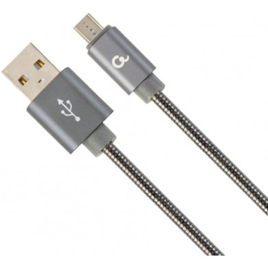 Cable USB2.0/Micro-USB - 1m - Cablexpert CC-USB2S-AMmBM-1M-BG, Premium spiral metal Micro-USB charging and data cable, USB 2.0 A-plug to Micro-USB plug, up to 480 Mb/s, cotton braided, blister, grey