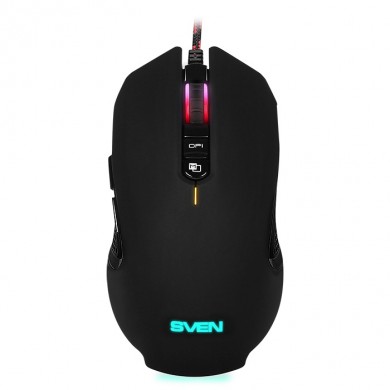 SVEN RX-G955 Gaming, Optical Mouse, 600-4000 dpi, 7+1 buttons (scroll wheel),  DPI switching modes, Two navigation buttons (Forward and Back), RGB backlight, Soft Touch coating, USB, Black