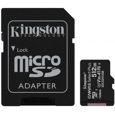 512GB microSD Class10 A1 UHS-I + SD adapter  Kingston Canvas Select Plus, 600x, Up to: 100MB/s