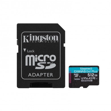 512GB microSD Class10 A2 UHS-I U3 (V30) Kingston Canvas Go! Plus, Ultimate, Read: 170Mb/s, Write: 90Mb/s, Ideal for Android mobile devices, action cams, drones and 4K video production