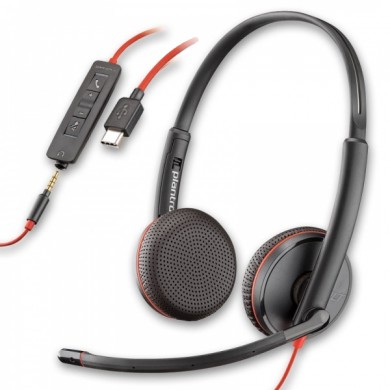 Plantronics Blackwire C3225 (209747-101), USB -A / Jack 3.5mm, Microphone noise-canceling, SoundGuard, DSP, Receive output from 20 Hz–20 kHz, Microphone 100 Hz–10 kHz, Call answer/ignore/end/hold, redial, mute, volume +/-, OEM