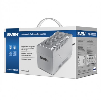 SVEN VR-F1000, 320W, Automatic Voltage Regulator, 4x Schuko outlets, Input voltage: 180-285V, Output voltage: 230V &plusmn; 10%, input and output voltage digital indicator on the front panel, Power supply delay function, metal body, Black