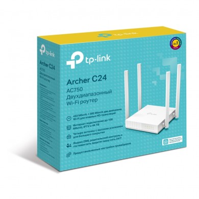 TP-LINK Archer C24  AC750 Dual Band Wireless Router, 433Mbps at 5GHz + 300Mbps at 2.4GHz, 802.11a/b/g/n/ac, 1 WAN + 4 LAN, Multi-Mode 3in1: Router / Access Point / Range Extender Mode, Wireless On/Off, 4 fixed antennas, Guest Network