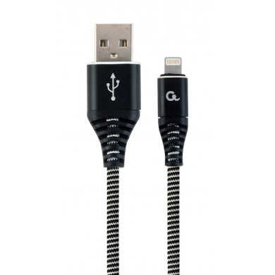 Cable USB2.0/8-pin (Lightning) Premium cotton braided - 2m - Cablexpert CC-USB2B-AMLM-2M-BW, Black/White, USB 2.0 A-plug to 8-pin, blister