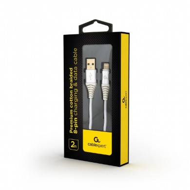 Cable USB2.0/8-pin (Lightning) Premium cotton braided - 2m - Cablexpert CC-USB2B-AMLM-2M-BW2, Silver/White, USB 2.0 A-plug to 8-pin, blister