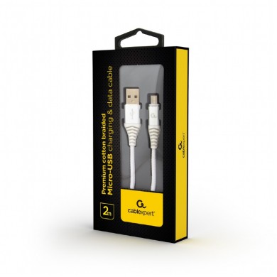 Cable USB2.0/Micro-USB Premium cotton braided - 2m - Cablexpert CC-USB2B-AMmBM-2M-BW2, Silver/White, USB 2.0 A-plug to Micro-USB plug, blister