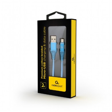 Cable USB2.0/Micro-USB Premium cotton braided - 2m - Cablexpert CC-USB2B-AMmBM-2M-VW, Blue/White, USB 2.0 A-plug to Micro-USB plug, blister