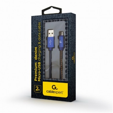 Cable USB2.0/Micro-USB Premium Jeans - 2m - Cablexpert CC-USB2J-AMmBM-2M-BL, Blue, USB 2.0 A-plug to Micro-USB plug, blister