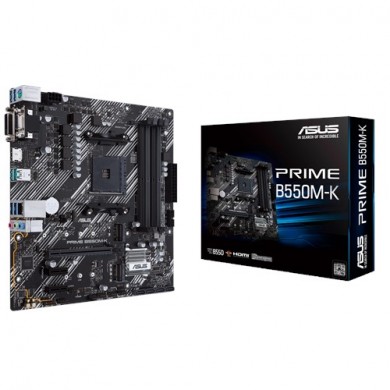 ASUS PRIME B550M-K, Socket AM4, AMD B550, Dual 4xDDR4-4600, APU AMD graphics, VGA, DVI, HDMI, 1xPCIeX16 4.0, 4xSATA3, 2xPCIeX1, RAID, 2xM.2 4.0 slot, ALC887 HDA, 1xGbE LAN, 2xUSB3.2 Gen 2, 6xUSB3.2, mATX