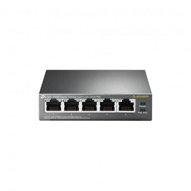 TP-LINK TL-SG1005P, 5-Port Gigabit Desktop PoE Switch, 5 Gigabit RJ45 ports including 4 PoE ports, 56W PoE Power supply, steel case