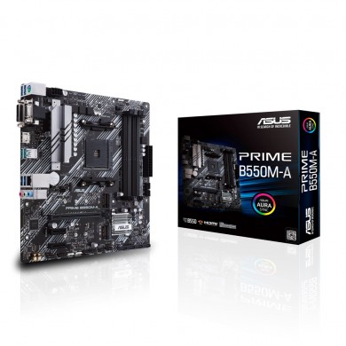ASUS PRIME B550M-A, Socket AM4, AMD B550, Dual 4xDDR4-4600, APU AMD graphics, VGA, DVI, HDMI, 1xPCIeX16 4.0, 4xSATA3, RAID, 2xM.2 4.0 slot, 2xPCIeX1, ALC887 HDA, 1xGbE LAN, 2xUSB3.2 Gen 2, 6xUSB3.2, Aura Sync RGB, 5X III, mATX