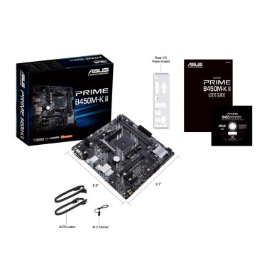 ASUS PRIME B450M-K II, Socket AM4, AMD B450, Dual 2xDDR4-4400, APU AMD graphics, VGA, DVI, HDMI, 1xPCIe X16, 4xSATA3, RAID, 1x M.2 slot, 2xPCIe X1, ALC887 7.1ch HDA, GbE LAN,  2xUSB3.1 Gen 2, 6xUSB3.2, 5X Pro.III, mATX