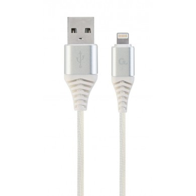 Cable USB2.0/8-pin (Lightning) Premium cotton braided - 1m - Cablexpert CC-USB2B-AMLM-1M-BW2, Silver/White, USB 2.0 A-plug to 8-pin, blister