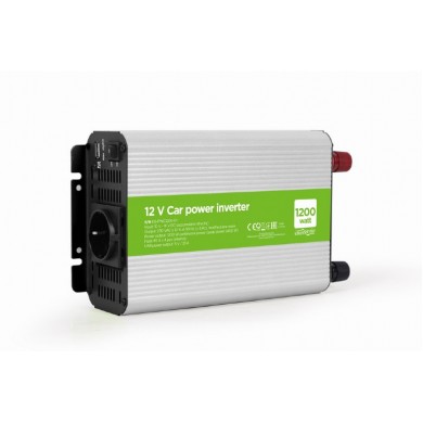 EnerGenie EG-PWC1200-01, 12 V Car power inverter, 1200 W, with USB port / 5V-1A, Input: 10-16 VDC (accumulator directly) - Output: 230 VAC +/- 10% at 50 Hz (+/-3Hz), modified sine wave
