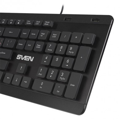 SVEN KB-E5700H, Keyboard, Waterproof construction, 104 keys, 12 Fn-keys, slim compact design, low-profile, USB 2.0 Hub 2 -ports, 1.5m, Black, Rus/Ukr/Eng