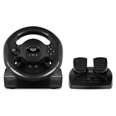 SVEN GC-W300 Racing Wheel, Rubber coating of the wheel for comfortable driving, Two axes, D-Pad, 10 additional buttons, Vibration feedback function, USB, Black