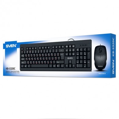 SVEN KB-S320C, Keyboard 104 keys + Mouse (Optical 800 dpi, 3+1 (scroll wheel)), Waterproof design, 1.5m, USB, Black, Rus/Ukr/Eng