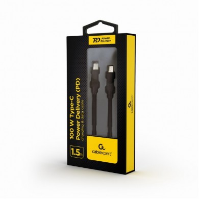 Cable Type-C to Type-C - 1.5 m - Cablexpert CC-USB2-CMCM100-1.5M, 100 W Type-C Power Delivery (PD) charging & data cable, 1.5 m,  Black