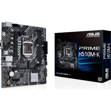 ASUS PRIME H510M-K, Socket 1200, Intel&reg; H510 (11/10th Gen CPU), Dual 2xDDR4-3200, VGA, HDMI, CPU Intel graphics, 1xPCIe x16 4.0, 4xSATA3, 1xM.2, 1xPCIe x1, ALC887 7.1 HDA, 1xGbE LAN, 4xUSB3.2, 5X Pro III, mATX