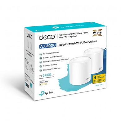 TP-LINK Deco X60(2-pack)  AX3000 Mesh Wi-Fi 6 System, 2 LAN/WAN Gigabit Port, 2402Mbps on 5GHz + 574Mbps on 2.4GHz, 802.11ax/ac/b/g/n, OFDMA , MU-MIMO, Wi-Fi Dead-Zone Killer, Seamless Roaming with One Wi-Fi Name, Antivirus, Parental Controls