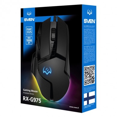 SVEN RX-G975 Gaming, Optical Mouse, 200-10000 dpi, 9+1 buttons (scroll wheel),  DPI switching modes, Two navigation buttons (Forward and Back), RGB backlight, Soft Touch coating, USB, 1.8m, Black
