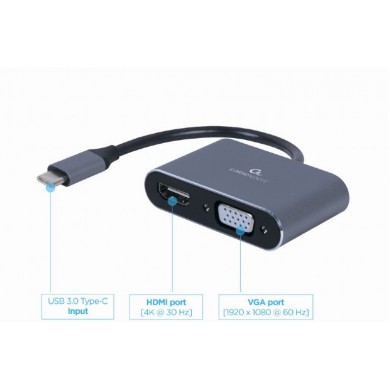 Adaptor Gembird A-USB3C-HDMIVGA-01 / USB Type-C to HDMI + VGA display adapter, space grey Adaptor Gembird A-USB3C-HDMIVGA-01 / USB Type-C to HDMI + VGA display adapter, space grey