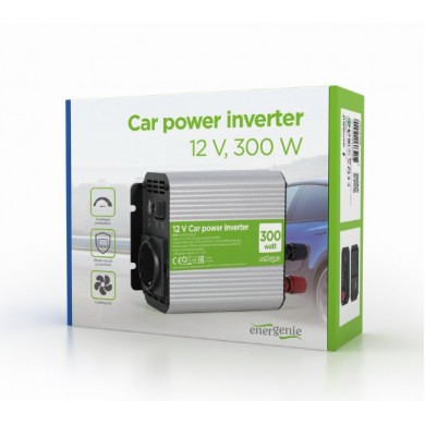 EnerGenie EG-PWC300-01, 12 V Car power inverter, 300 W, with USB port / 5V-2.1A, LED indicator, Input: 10-16 VDC (accumulator directly) - Output: 230 VAC +/- 10% at 50 Hz (+/-3Hz), modified sine wave
