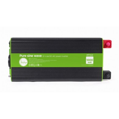 EnerGenie EG-PWC-PS1000-01, 12 V Pure sine wave car DC-AC power inverter, 1000 W, with USB port / 5V-2.1A,  Input: 10-16 VDC (accumulator directly) - Output: 230 VAC +/- 10% at 50 Hz (+/-1Hz), pure sine wave, THD < 3%, 90% efficiency