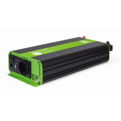 EnerGenie EG-PWC-PS1000-01, 12 V Pure sine wave car DC-AC power inverter, 1000 W, with USB port / 5V-2.1A,  Input: 10-16 VDC (accumulator directly) - Output: 230 VAC +/- 10% at 50 Hz (+/-1Hz), pure sine wave, THD < 3%, 90% efficiency