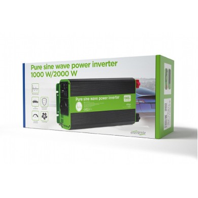 EnerGenie EG-PWC-PS1000-01, 12 V Pure sine wave car DC-AC power inverter, 1000 W, with USB port / 5V-2.1A,  Input: 10-16 VDC (accumulator directly) - Output: 230 VAC +/- 10% at 50 Hz (+/-1Hz), pure sine wave, THD < 3%, 90% efficiency