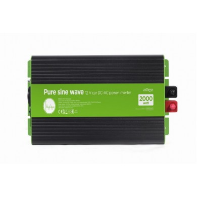 EnerGenie EG-PWC-PS2000-01, 12 V Pure sine wave car DC-AC power inverter, 2000 W, with USB port / 5V-2.1A, Input: 10-16 VDC (accumulator directly) - Output: 230 VAC +/- 10% at 50 Hz (+/-1Hz), pure sine wave, THD < 3%, 90% efficiency