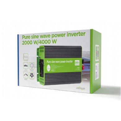 EnerGenie EG-PWC-PS2000-01, 12 V Pure sine wave car DC-AC power inverter, 2000 W, with USB port / 5V-2.1A, Input: 10-16 VDC (accumulator directly) - Output: 230 VAC +/- 10% at 50 Hz (+/-1Hz), pure sine wave, THD < 3%, 90% efficiency