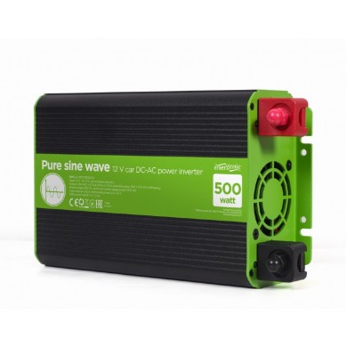 EnerGenie EG-PWC-PS500-01, 12 V Pure sine wave car DC-AC power inverter, 500 W, with USB port / 5V-2.1A, Input: 10-16 VDC (accumulator directly) - Output: 230 VAC +/- 10% at 50 Hz (+/-1Hz), pure sine wave, THD < 3%, 90% efficiency