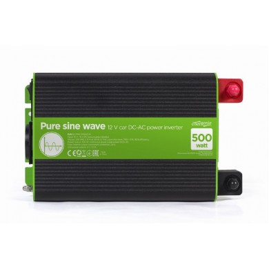 EnerGenie EG-PWC-PS500-01, 12 V Pure sine wave car DC-AC power inverter, 500 W, with USB port / 5V-2.1A, Input: 10-16 VDC (accumulator directly) - Output: 230 VAC +/- 10% at 50 Hz (+/-1Hz), pure sine wave, THD < 3%, 90% efficiency
