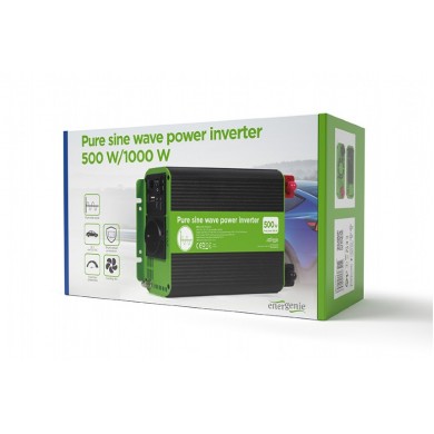 EnerGenie EG-PWC-PS500-01, 12 V Pure sine wave car DC-AC power inverter, 500 W, with USB port / 5V-2.1A, Input: 10-16 VDC (accumulator directly) - Output: 230 VAC +/- 10% at 50 Hz (+/-1Hz), pure sine wave, THD < 3%, 90% efficiency