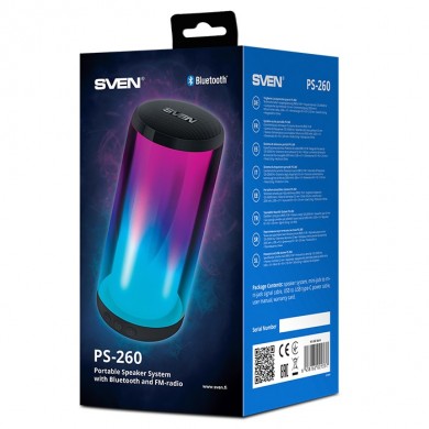 Boxe portabile Bluetooth SVEN PS-260 / 10W RMS / TWS / RGB 12 lighting modes with Night Light / FM tuner / USB & microSD / Black