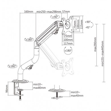 Arm for 1 monitor 17&rdquo;-32&rdquo; - Gembird MA-DA1-02, Adjustable desk display mounting arm, Gas spring 2-8kg, VESA 75/100, arm rotates, extends and retracts, tilts to change reading angles, and allows to rotate display from landscape-to-portrait mode